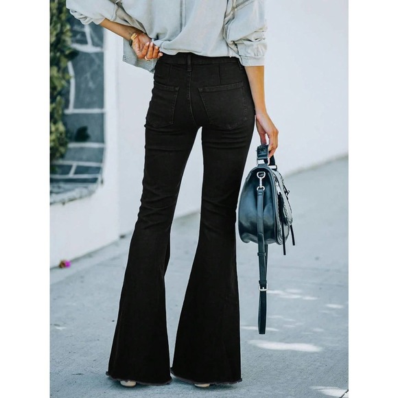 trendy Ripped distressed Raw Hem Flared Jeans black denim - Picture 2 of 5